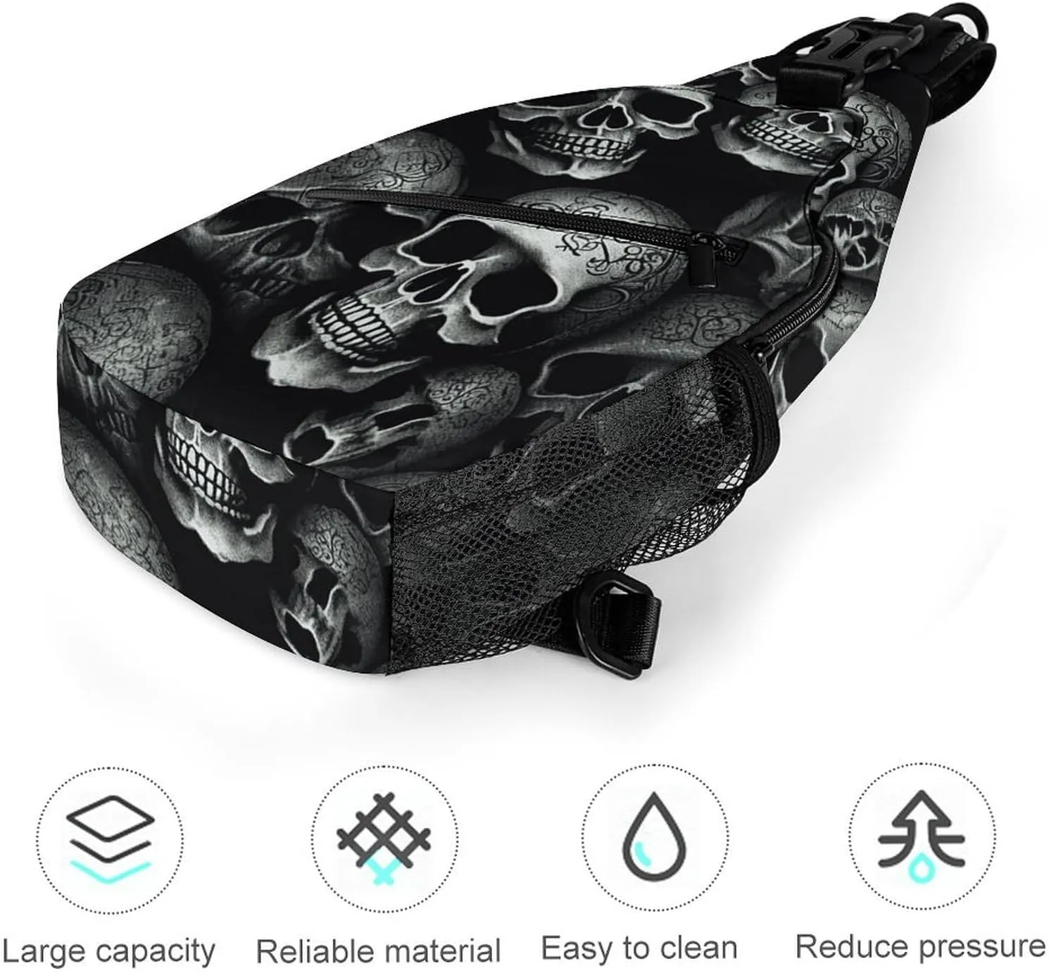 Lightweight Chest Bag Crossbody Bag Black Skull Sling Backpack for Women Men Sports Travel