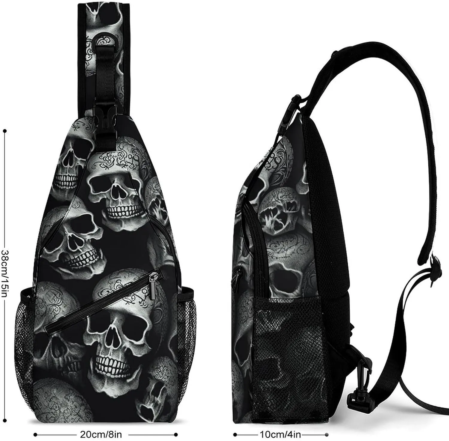 Lightweight Chest Bag Crossbody Bag Black Skull Sling Backpack for Women Men Sports Travel