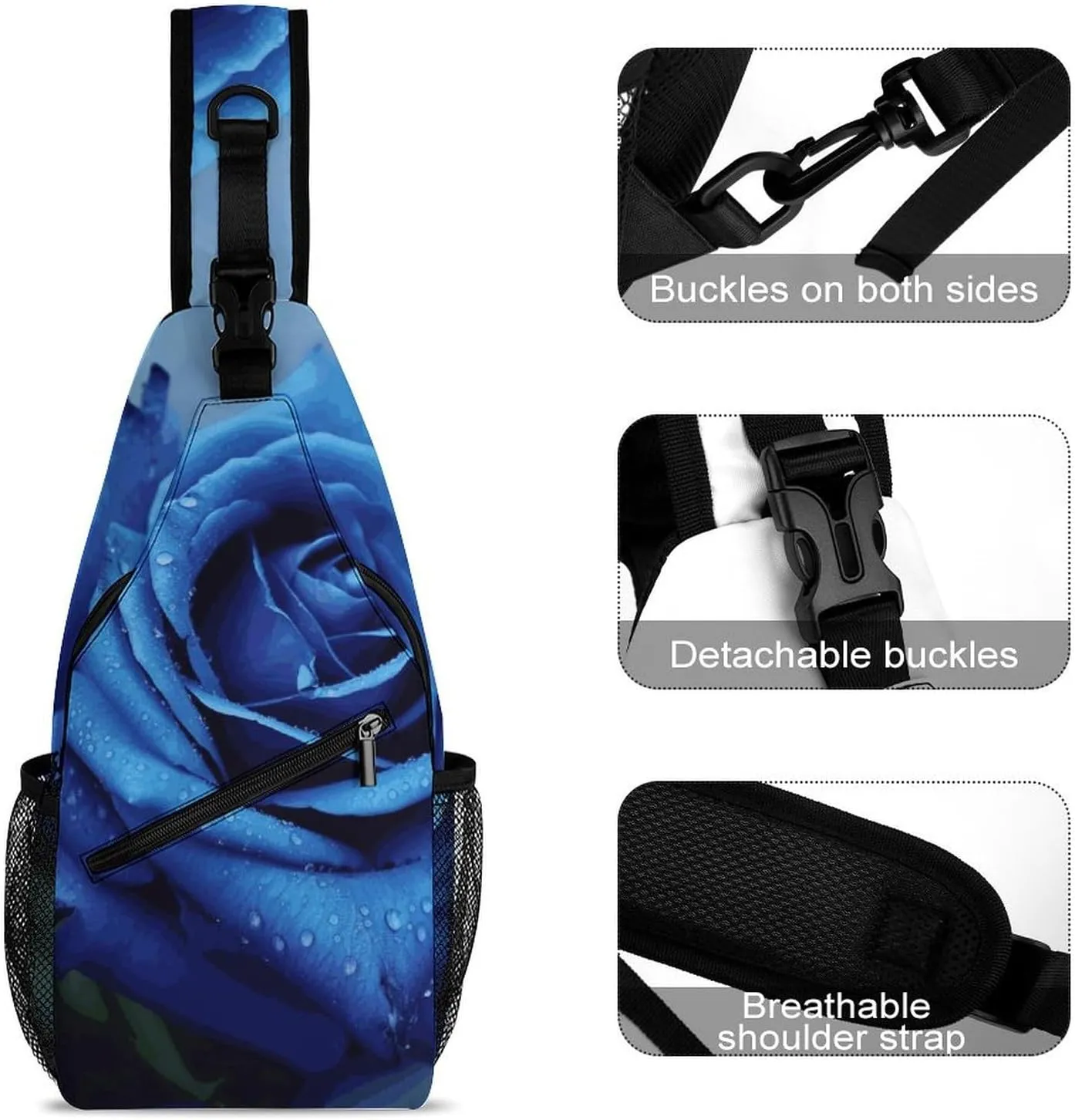 Lightweight Chest Bag Crossbody Bag Romantic Blue Rose Sling Backpack for Women Men Sports Travel