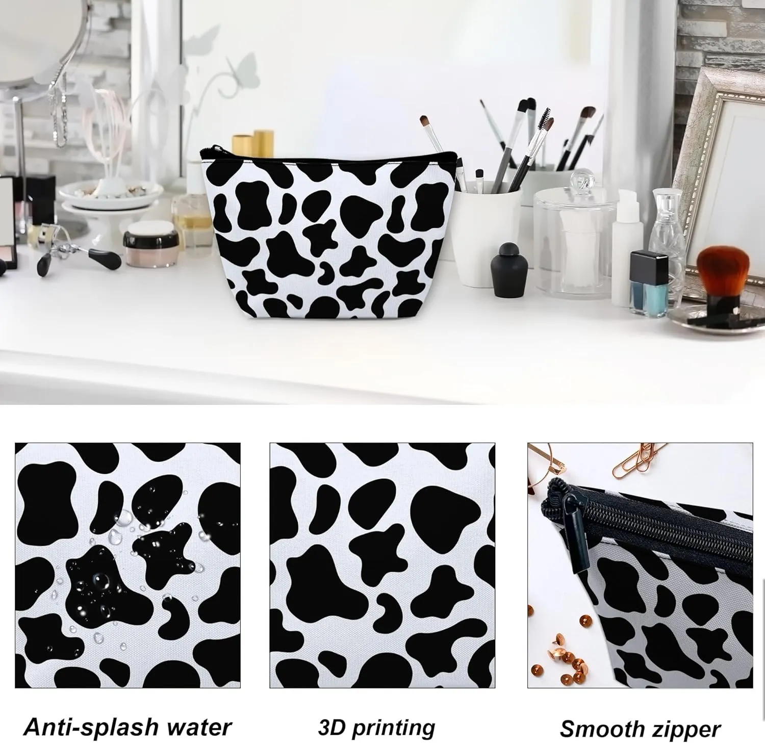 Makeup Bag Black White Cowhide Cosmetic Bag for Women, Waterproof Large Capacity Travel Toiletry Organizer 9.55.9 Inch