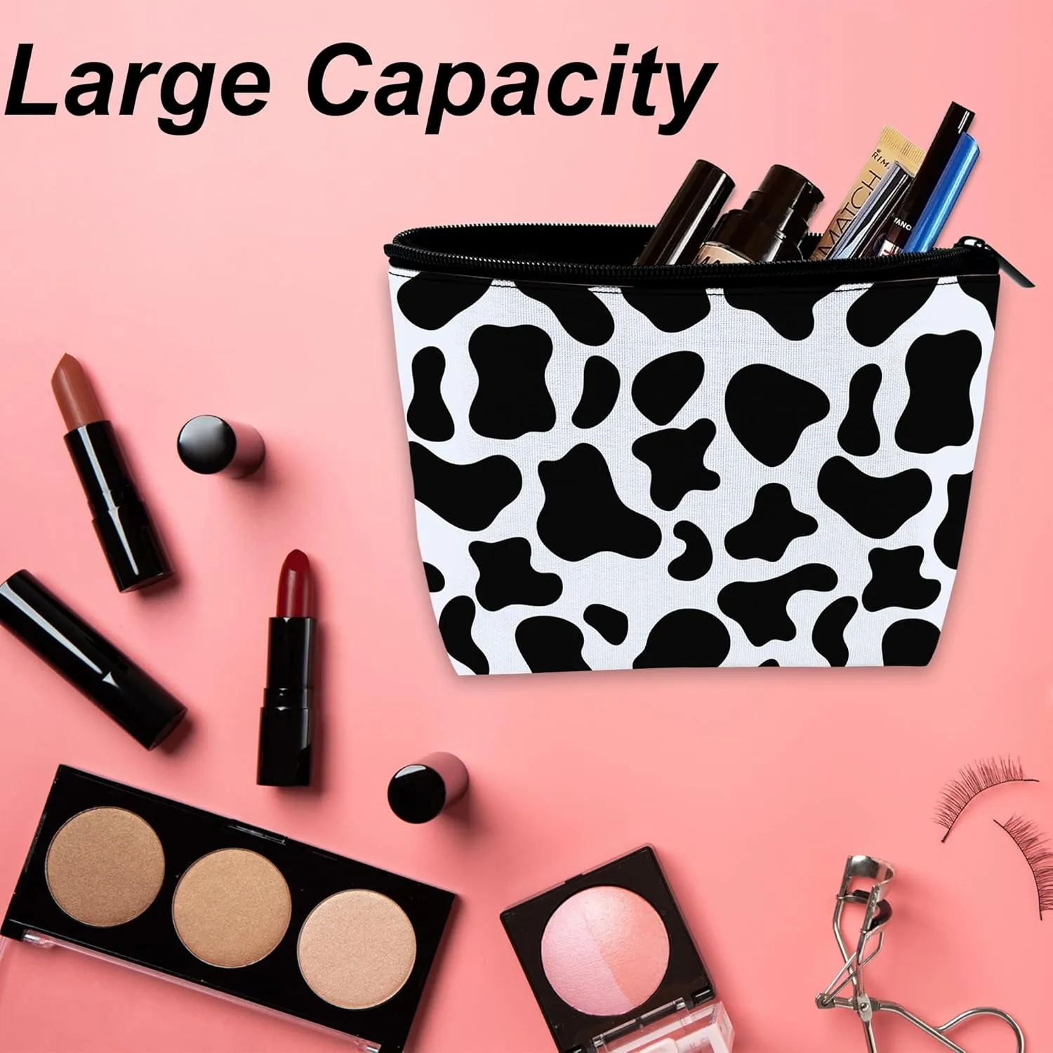 Makeup Bag Black White Cowhide Cosmetic Bag for Women, Waterproof Large Capacity Travel Toiletry Organizer 9.55.9 Inch