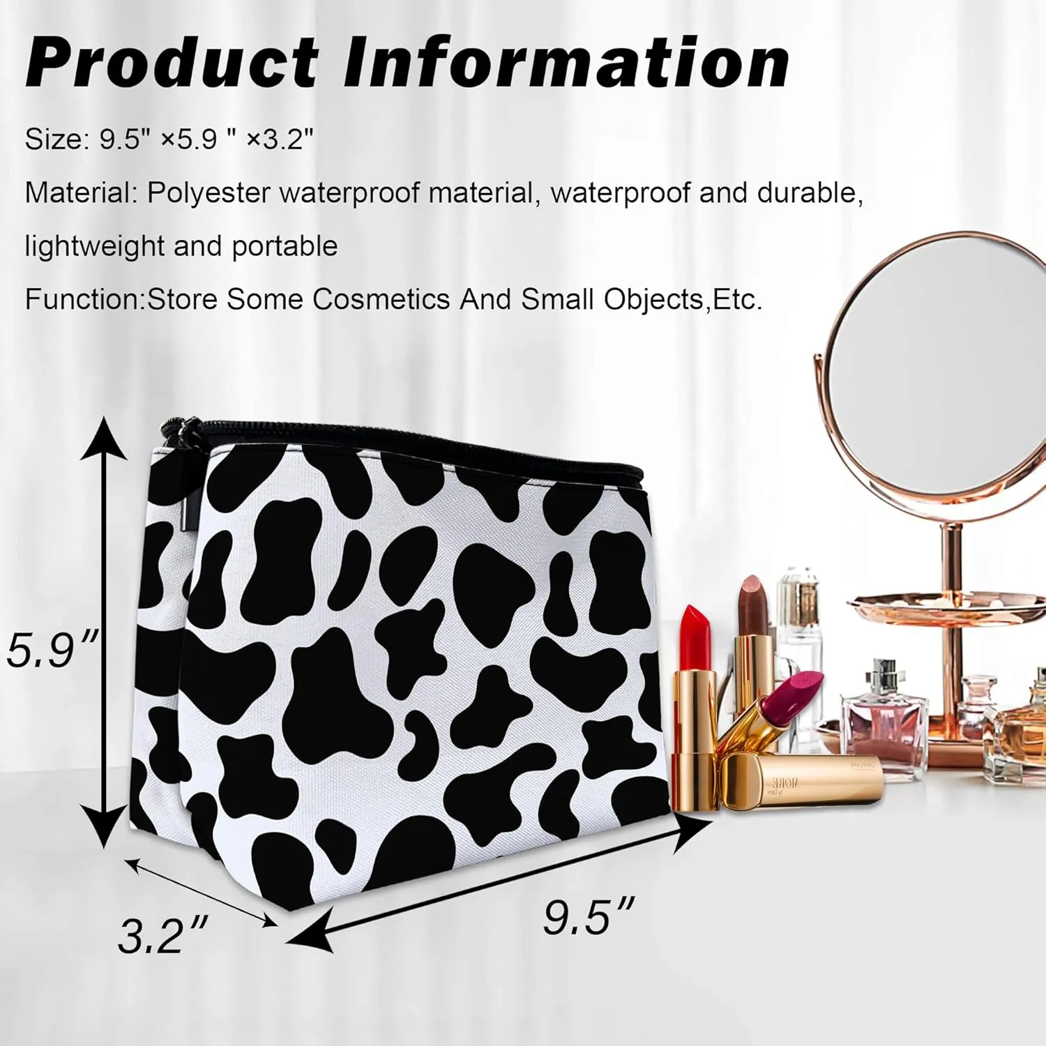 Makeup Bag Black White Cowhide Cosmetic Bag for Women, Waterproof Large Capacity Travel Toiletry Organizer 9.55.9 Inch