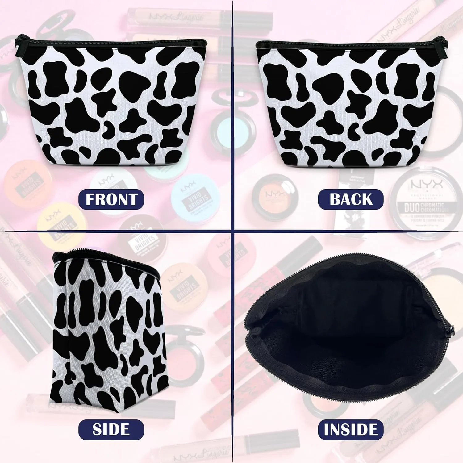 Makeup Bag Black White Cowhide Cosmetic Bag for Women, Waterproof Large Capacity Travel Toiletry Organizer 9.55.9 Inch