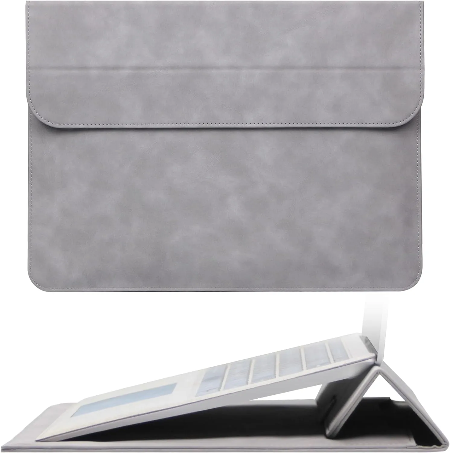 Megoo 15" Slim Laptop Sleeve PU Case with Stand for MacBook Air 15.3"/Pro 16.2", Samsung Galaxy Book 15.6", Microsoft Surface Laptop 7/6/5/Book 15.6", Carry Case for 15" 16" Chromebook Notebook(Gray)