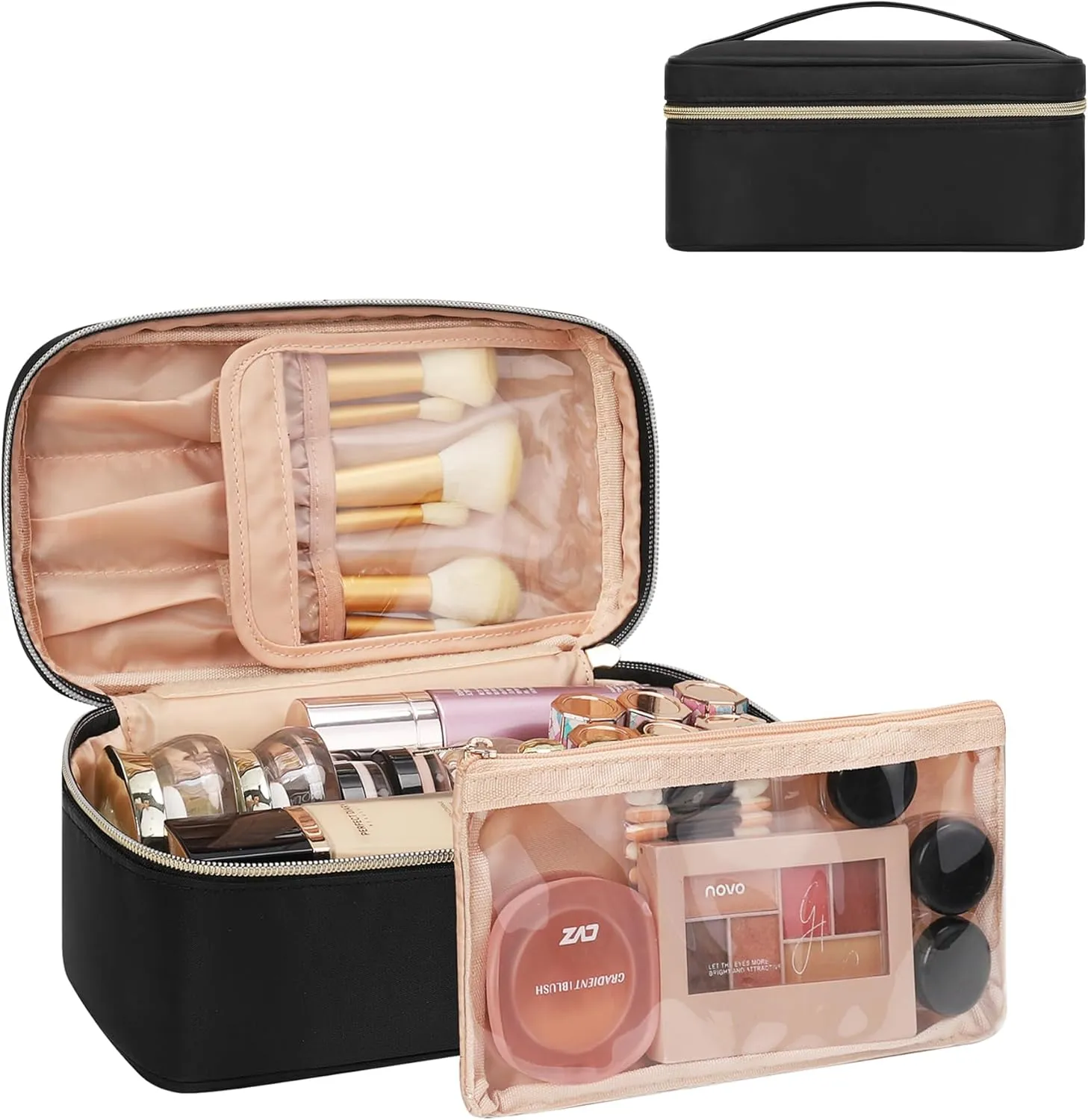 MONSTINA Makeup Bag Large Capacity Portable Cosmetic Organizer,Waterproof Travel Toiletry Bag with Divider Gifts for Girls and Women,Black Small