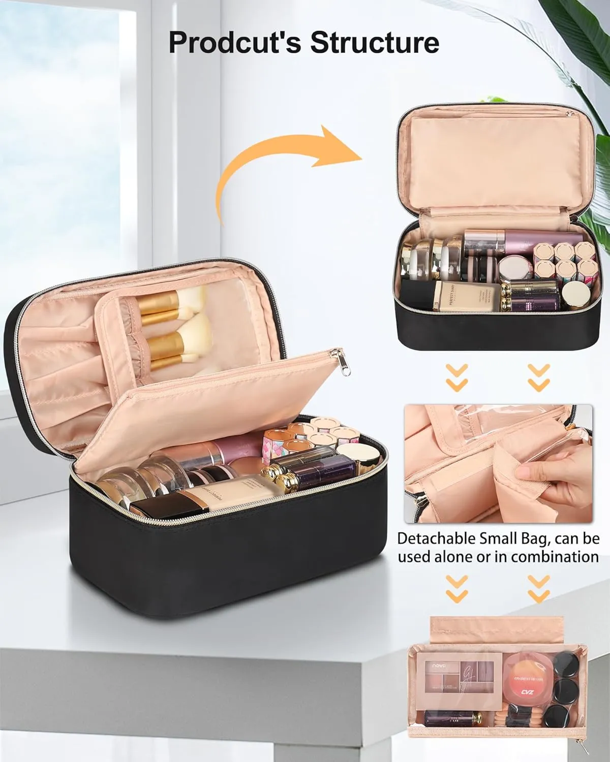 MONSTINA Makeup Bag Large Capacity Portable Cosmetic Organizer,Waterproof Travel Toiletry Bag with Divider Gifts for Girls and Women,Black Small