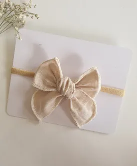 Newborn Linen Knit Bow Headband- Beige