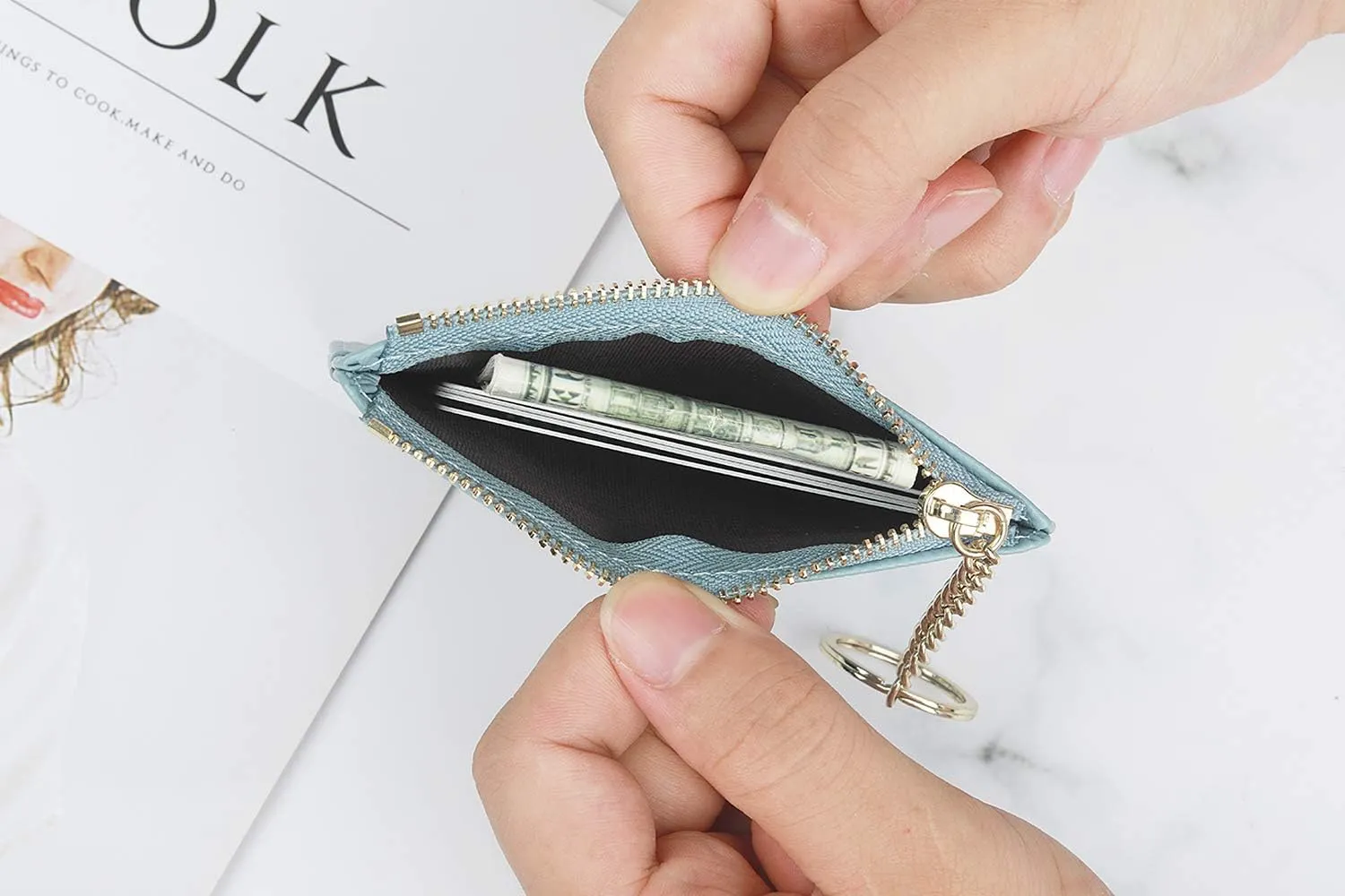 Prometheism Women Slim Leather Card Case Holder Small Wallet Cute Coin Purse Girl Mini Wallet with Keychain (Blue)