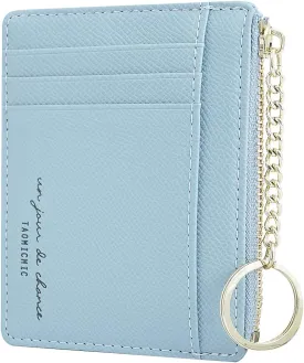 Prometheism Women Slim Leather Card Case Holder Small Wallet Cute Coin Purse Girl Mini Wallet with Keychain (Blue)