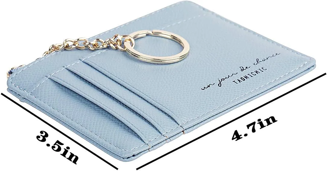 Prometheism Women Slim Leather Card Case Holder Small Wallet Cute Coin Purse Girl Mini Wallet with Keychain (Blue)