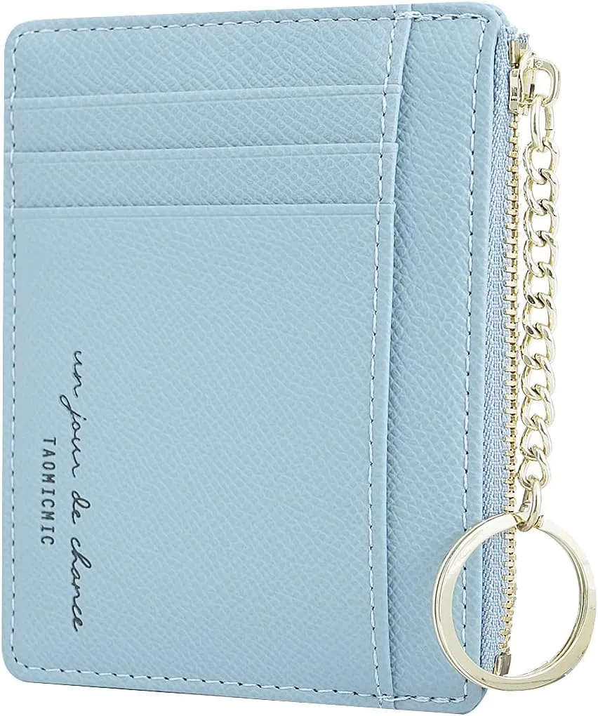 Prometheism Women Slim Leather Card Case Holder Small Wallet Cute Coin Purse Girl Mini Wallet with Keychain (Blue)