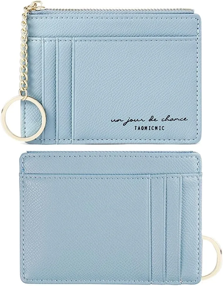 Prometheism Women Slim Leather Card Case Holder Small Wallet Cute Coin Purse Girl Mini Wallet with Keychain (Blue)