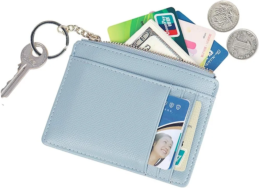 Prometheism Women Slim Leather Card Case Holder Small Wallet Cute Coin Purse Girl Mini Wallet with Keychain (Blue)