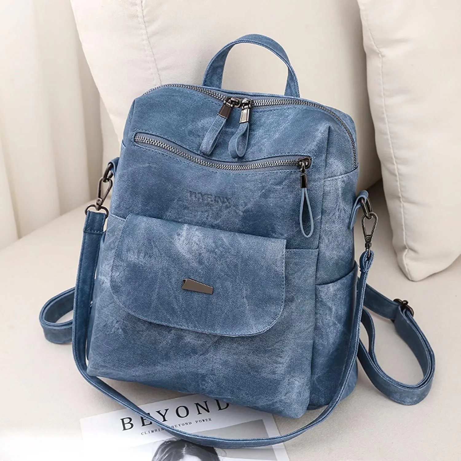 PU Leather Backpack Purse for Women Fashion Multipurpose Design Handbag Ladies Shoulder Bags Travel Backpack Blue