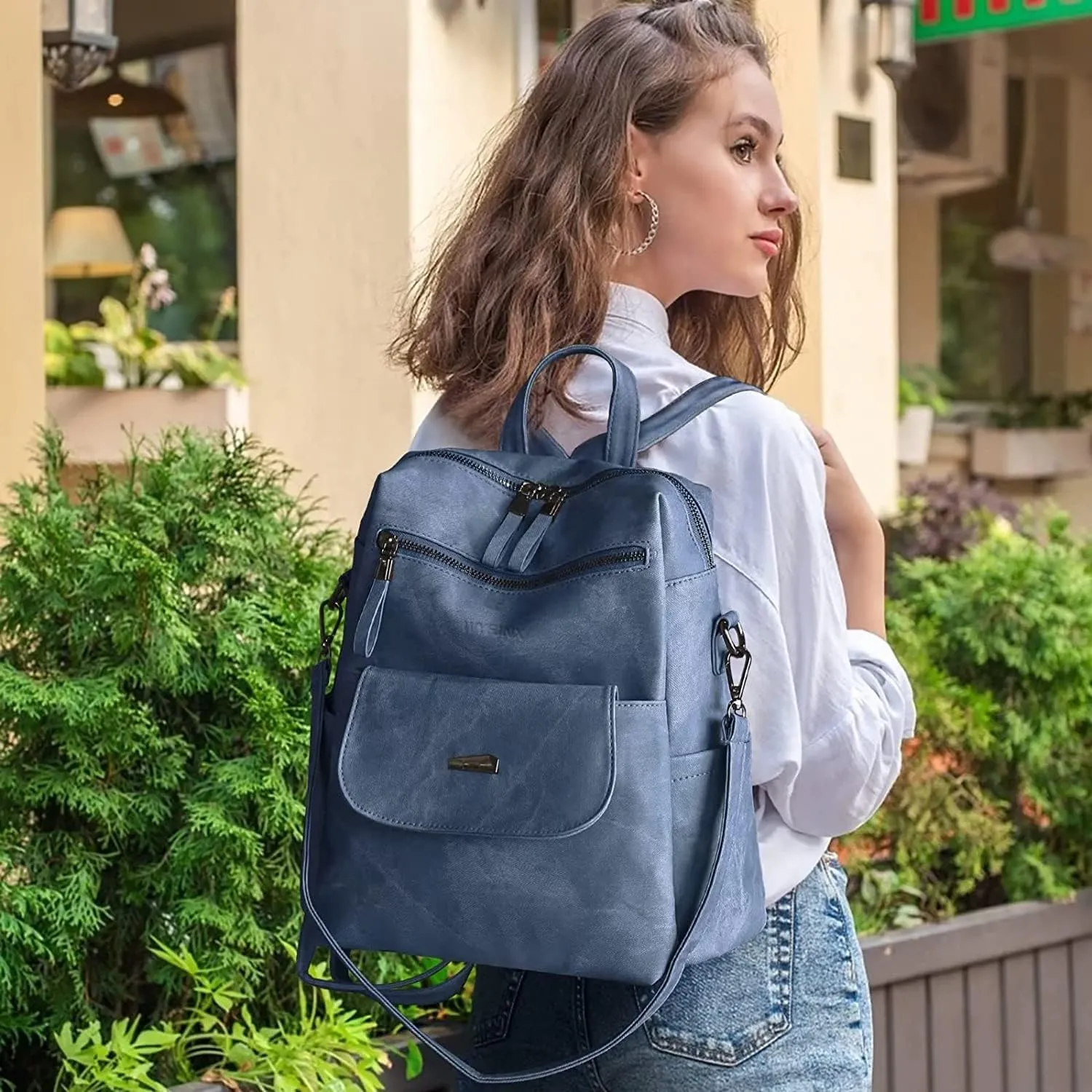 PU Leather Backpack Purse for Women Fashion Multipurpose Design Handbag Ladies Shoulder Bags Travel Backpack Blue