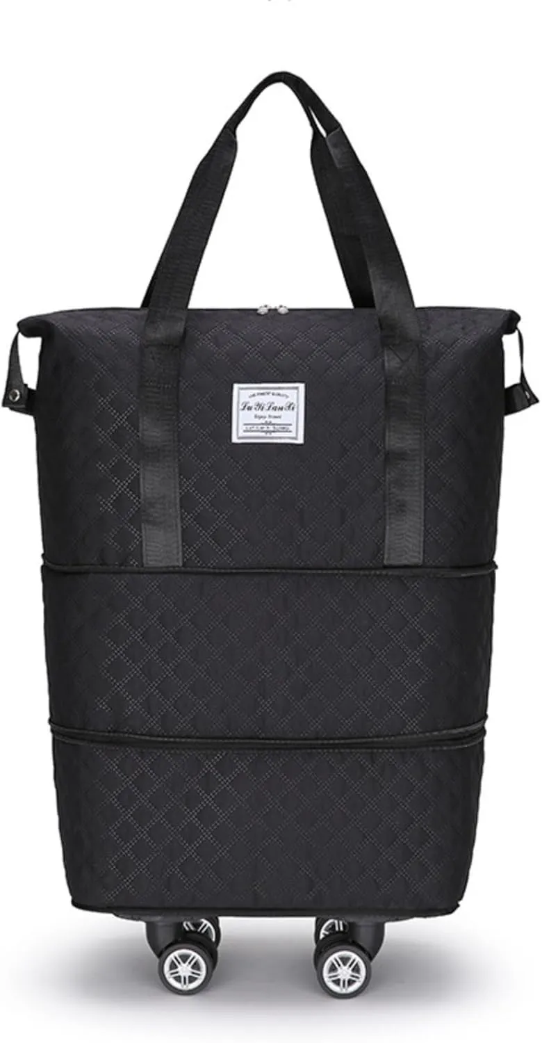 Rolling Duffle Bag with Wheels, Expandable Travel Duffel Bag with Detachable Spinner Wheels & Wet Pocket, Large Waterproof Travel Tote Bags Carry On Overnight Bag Hospital Bag Black