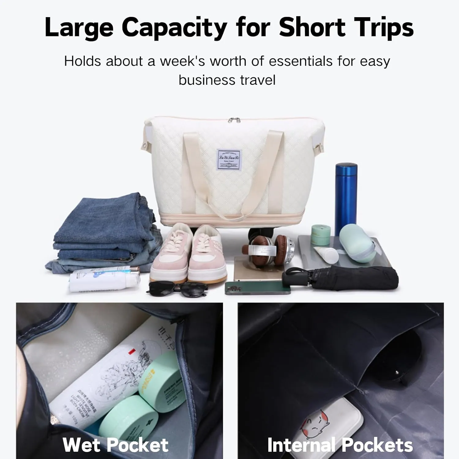 Rolling Duffle Bag with Wheels, Expandable Travel Duffel Bag with Detachable Spinner Wheels & Wet Pocket, Large Waterproof Travel Tote Bags Carry On Overnight Bag Hospital Bag Black