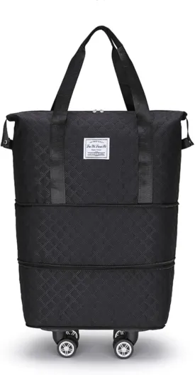 Rolling Duffle Bag with Wheels, Expandable Travel Duffel Bag with Detachable Spinner Wheels & Wet Pocket, Large Waterproof Travel Tote Bags Carry On Overnight Bag Hospital Bag Black
