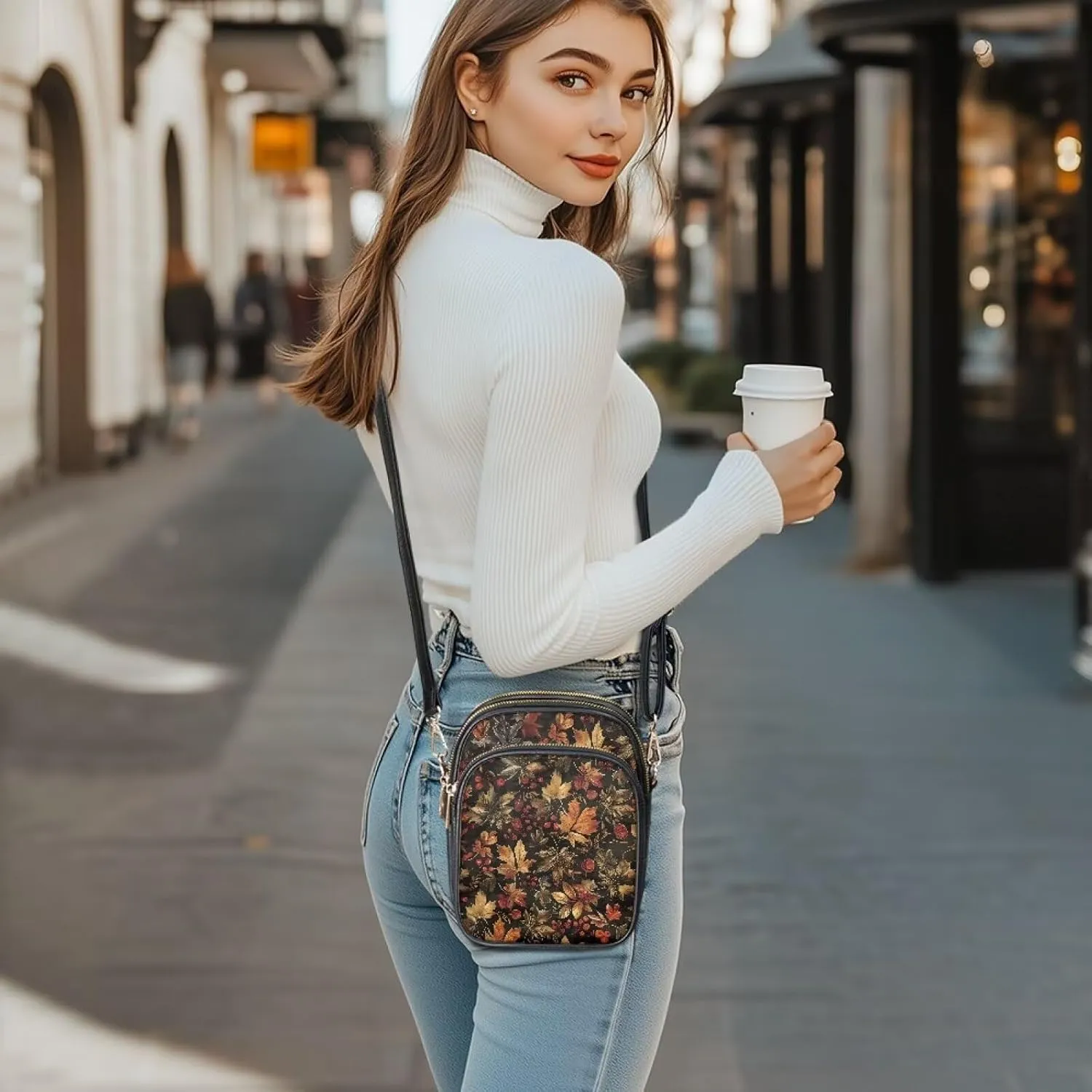 Small Leather Crossbody Bag for Women, Leaf Flowers PU Leather Cell Phone Purse Handbag with Adjustable Strap