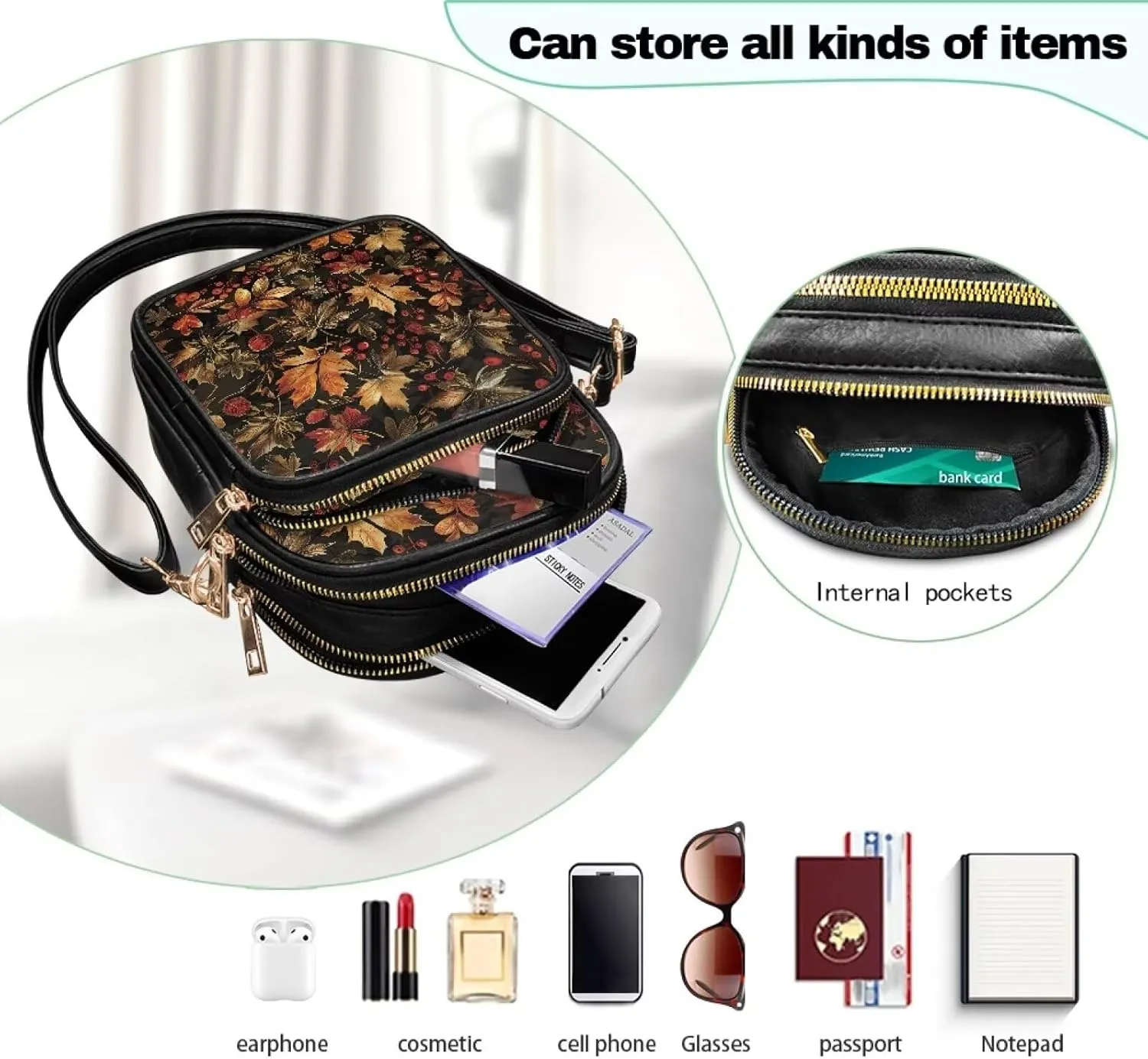Small Leather Crossbody Bag for Women, Leaf Flowers PU Leather Cell Phone Purse Handbag with Adjustable Strap