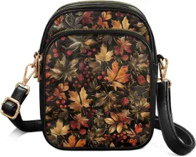 Small Leather Crossbody Bag for Women, Leaf Flowers PU Leather Cell Phone Purse Handbag with Adjustable Strap
