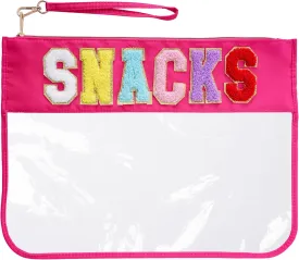 Snacks Tote Bag, Multi-purpose PVC Clear Bags with Wrist Strap - Waterproof, Chenille Letter Bags for Travel (Red)