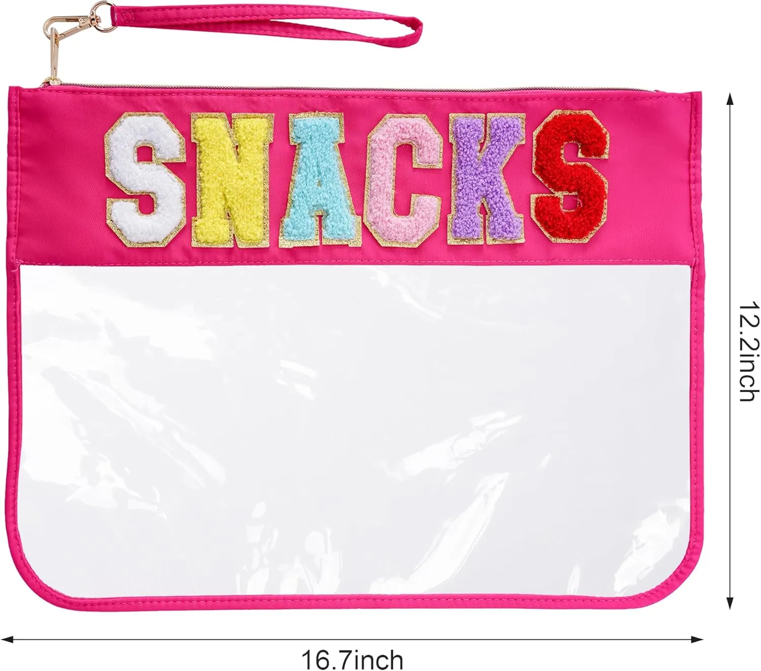 Snacks Tote Bag, Multi-purpose PVC Clear Bags with Wrist Strap - Waterproof, Chenille Letter Bags for Travel (Red)