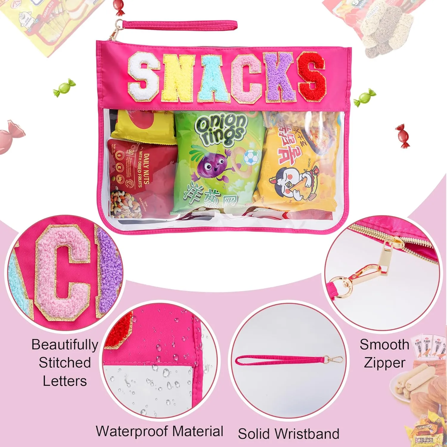 Snacks Tote Bag, Multi-purpose PVC Clear Bags with Wrist Strap - Waterproof, Chenille Letter Bags for Travel (Red)