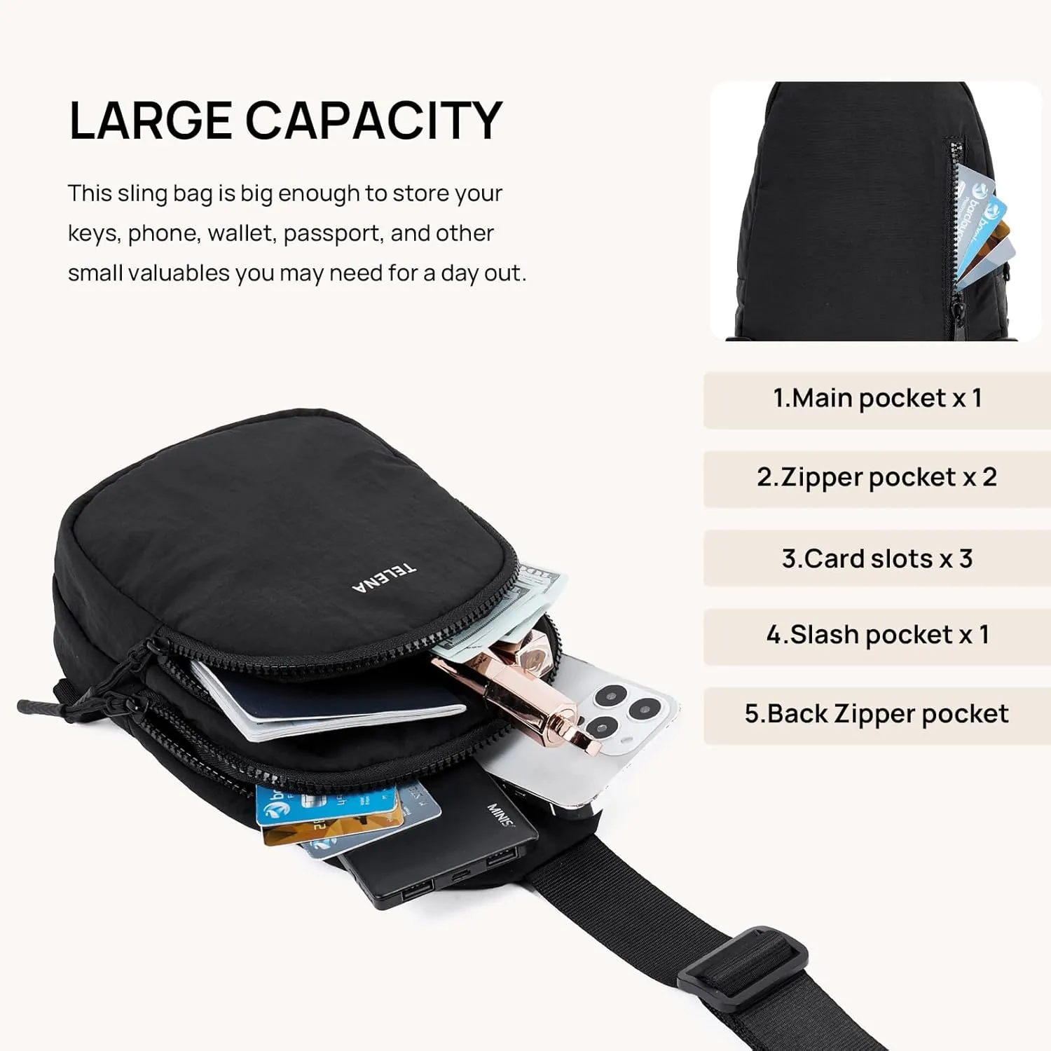 Telena Sling Bag for Women Crossbody Bags Fashion Fanny Pack Cross Body for Travel Hiking Cycling 0-Black