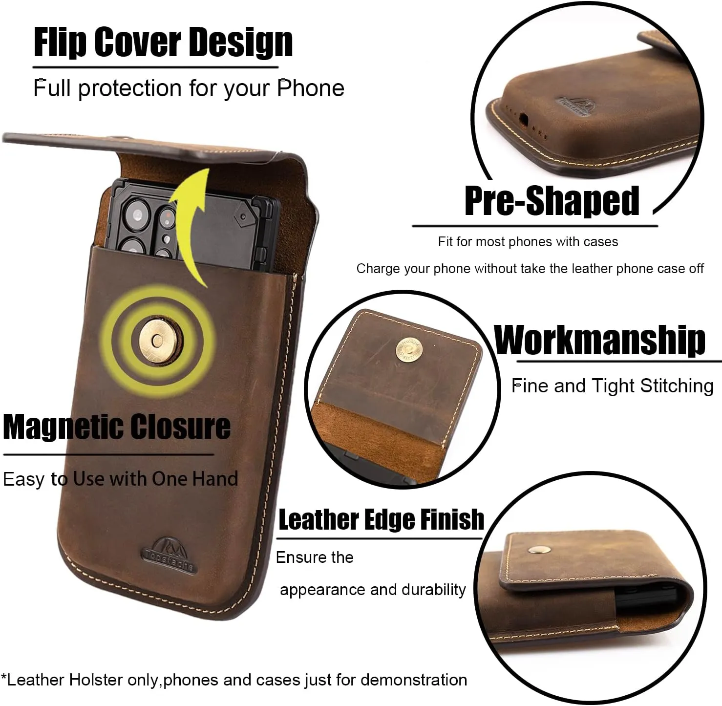 Topstache Leather Phone Holster for Belt,Flip Cell Phone Case with Belt Clip for S22 Ultra,S22 Plus,S22, Pouch for iPhone 14/13 Pro Max, Universal Smartphone Sheath