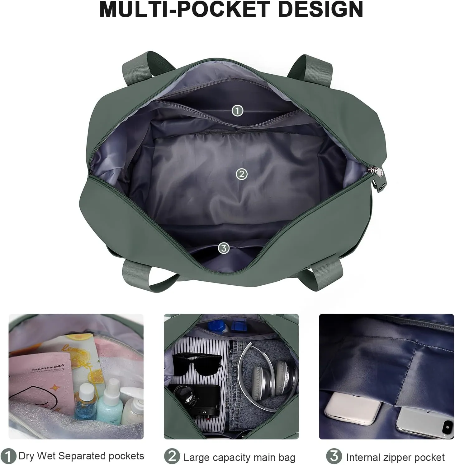 Travel Duffel Bag,Sports Tote Gym For Spirit Airlines Personal Item Bag 18x14x8 Foldable,Carry on Shoulder Expandable Weekender Overnight for Women,Green