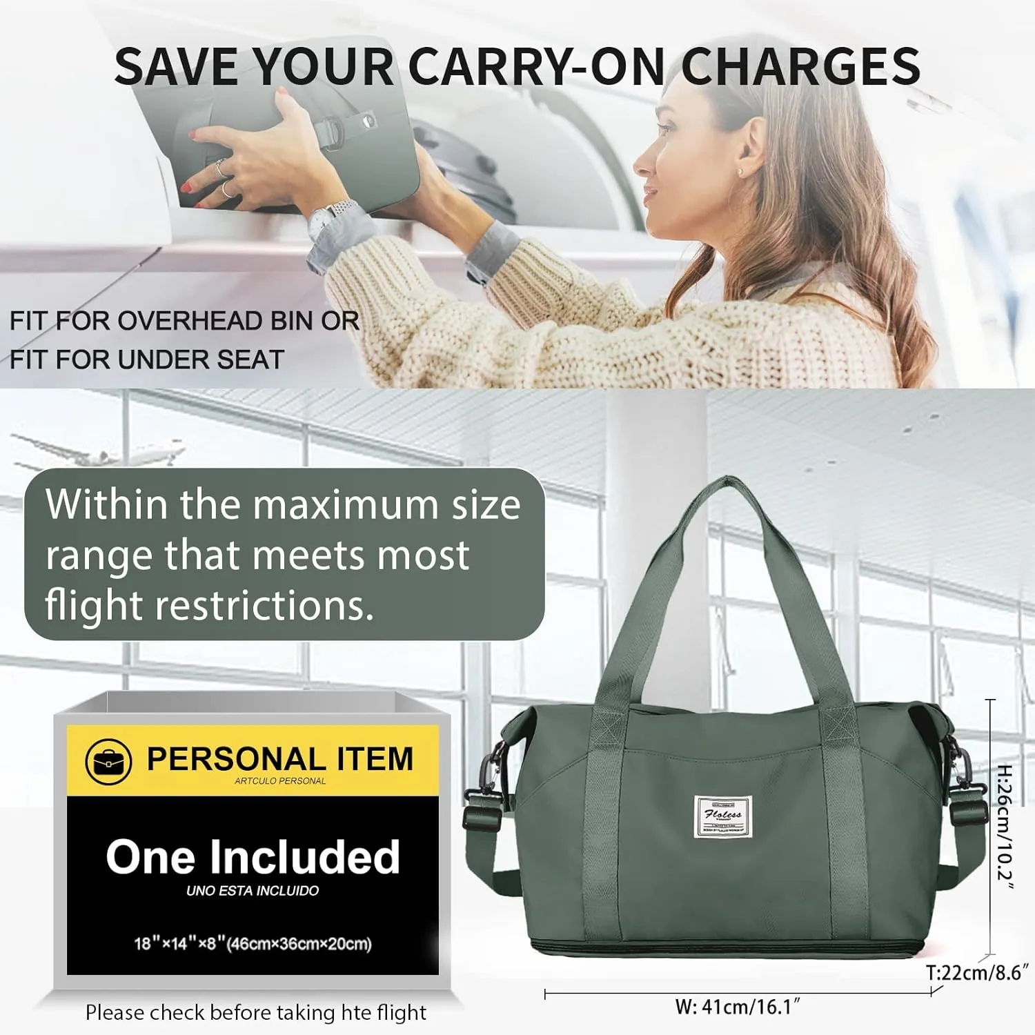 Travel Duffel Bag,Sports Tote Gym For Spirit Airlines Personal Item Bag 18x14x8 Foldable,Carry on Shoulder Expandable Weekender Overnight for Women,Green