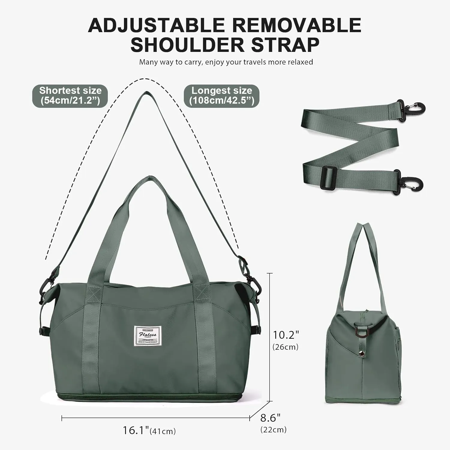 Travel Duffel Bag,Sports Tote Gym For Spirit Airlines Personal Item Bag 18x14x8 Foldable,Carry on Shoulder Expandable Weekender Overnight for Women,Green