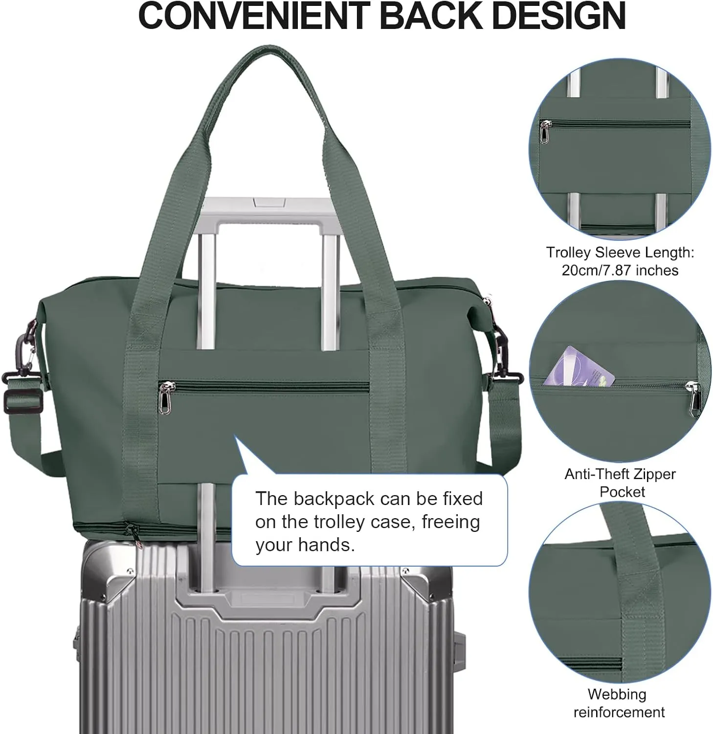 Travel Duffel Bag,Sports Tote Gym For Spirit Airlines Personal Item Bag 18x14x8 Foldable,Carry on Shoulder Expandable Weekender Overnight for Women,Green