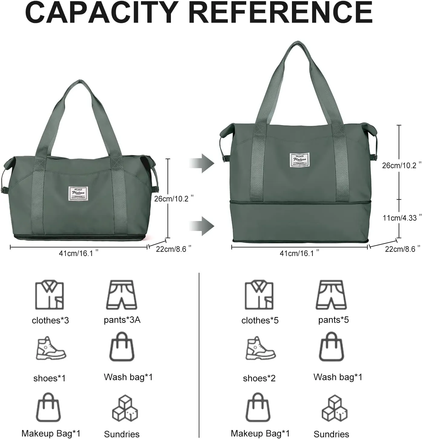 Travel Duffel Bag,Sports Tote Gym For Spirit Airlines Personal Item Bag 18x14x8 Foldable,Carry on Shoulder Expandable Weekender Overnight for Women,Green