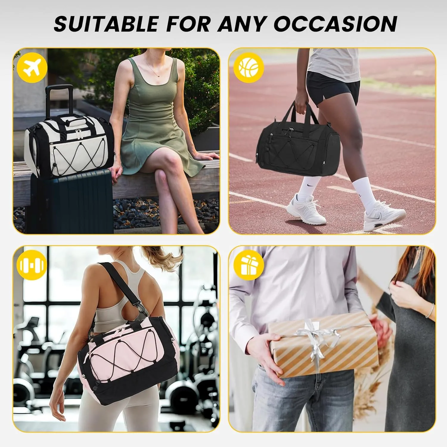 Vorspack Gym Bag for Women - 15 Inches Small Duffle Bag for Travel Lightweight Duffel Bag Personal Item Travel Bag Weekender Bag for Travel Sports Gym - Black
