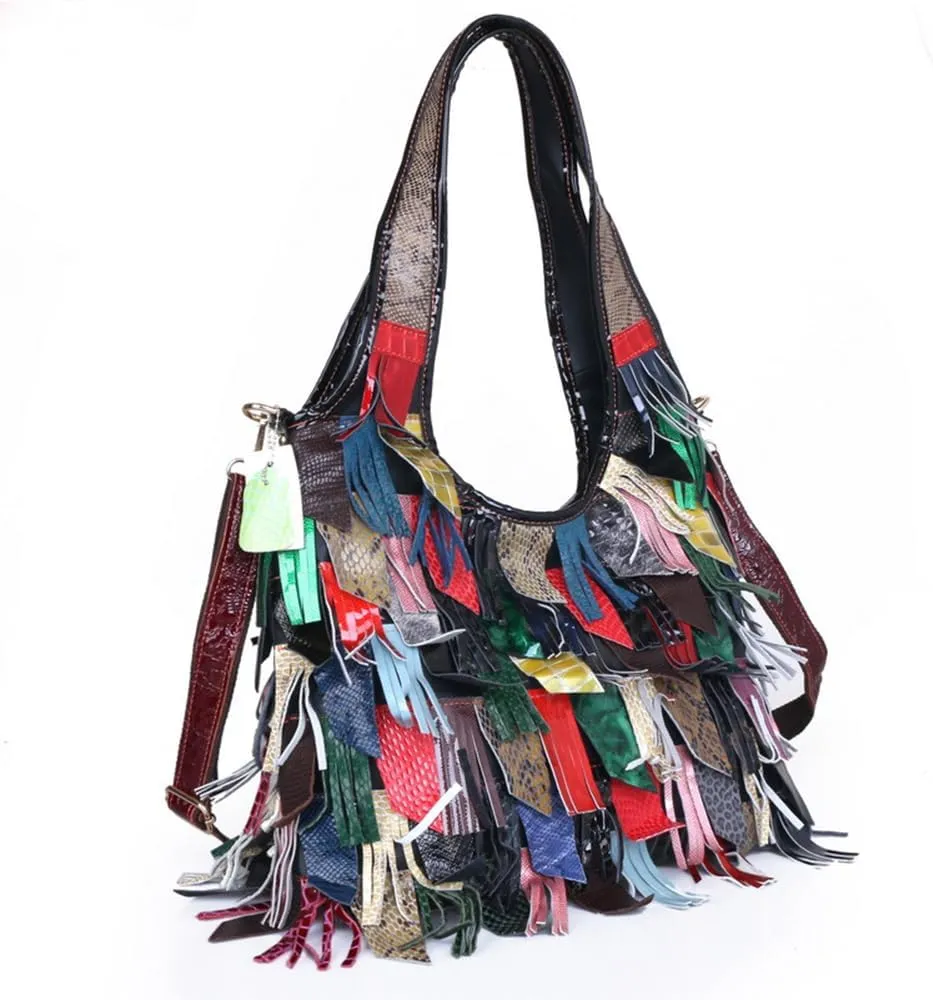 Womens Multicolor Boston Bag Genuine Leather Colorful Large Tote Handbag Purse