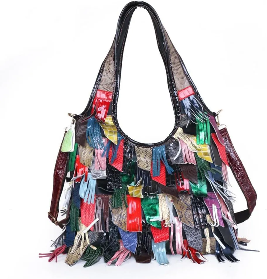 Womens Multicolor Boston Bag Genuine Leather Colorful Large Tote Handbag Purse