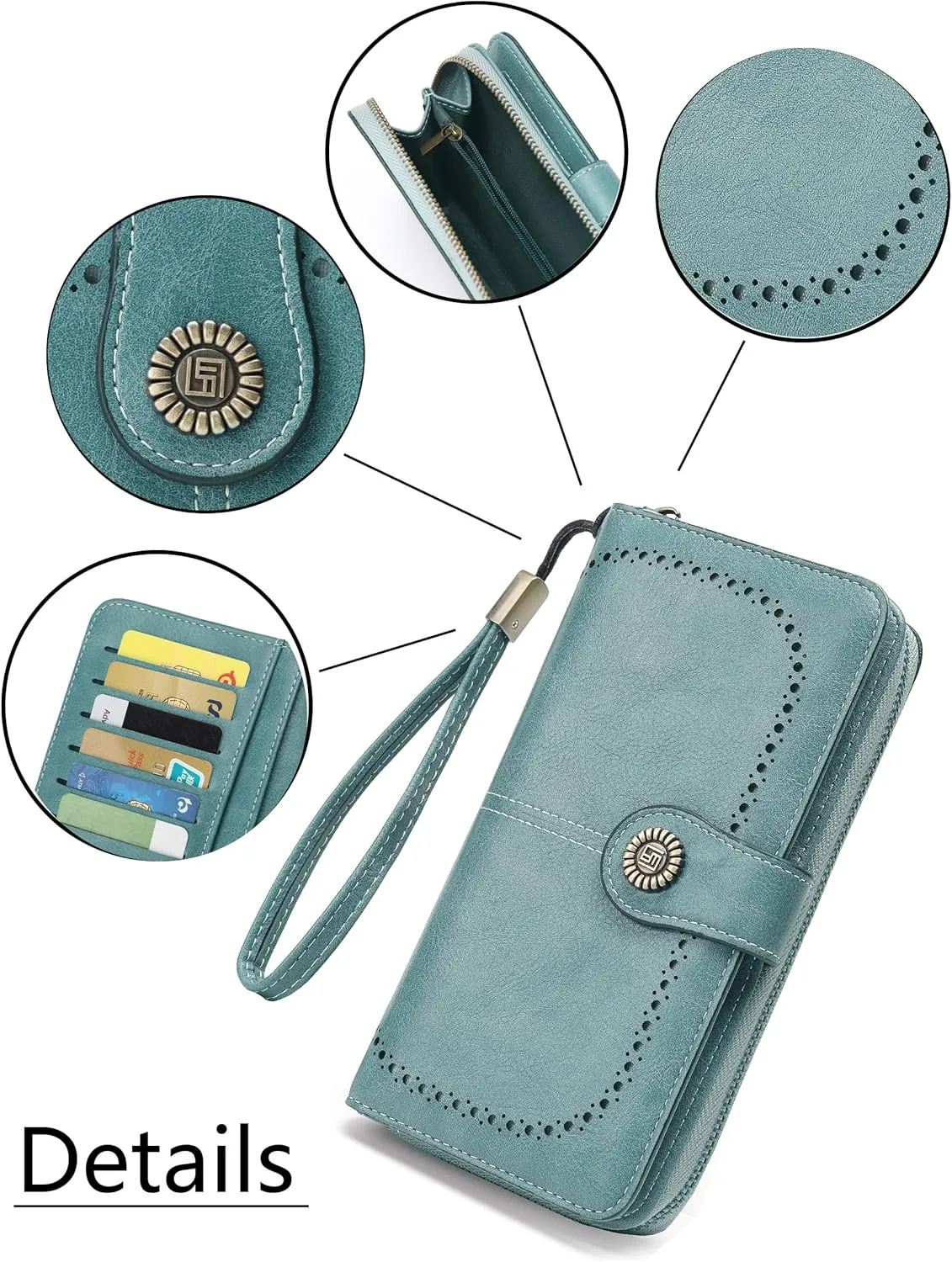 Womens Wallet Leather Large Capacity Card Holder Zipper Wristlet Wallets for Women-blue