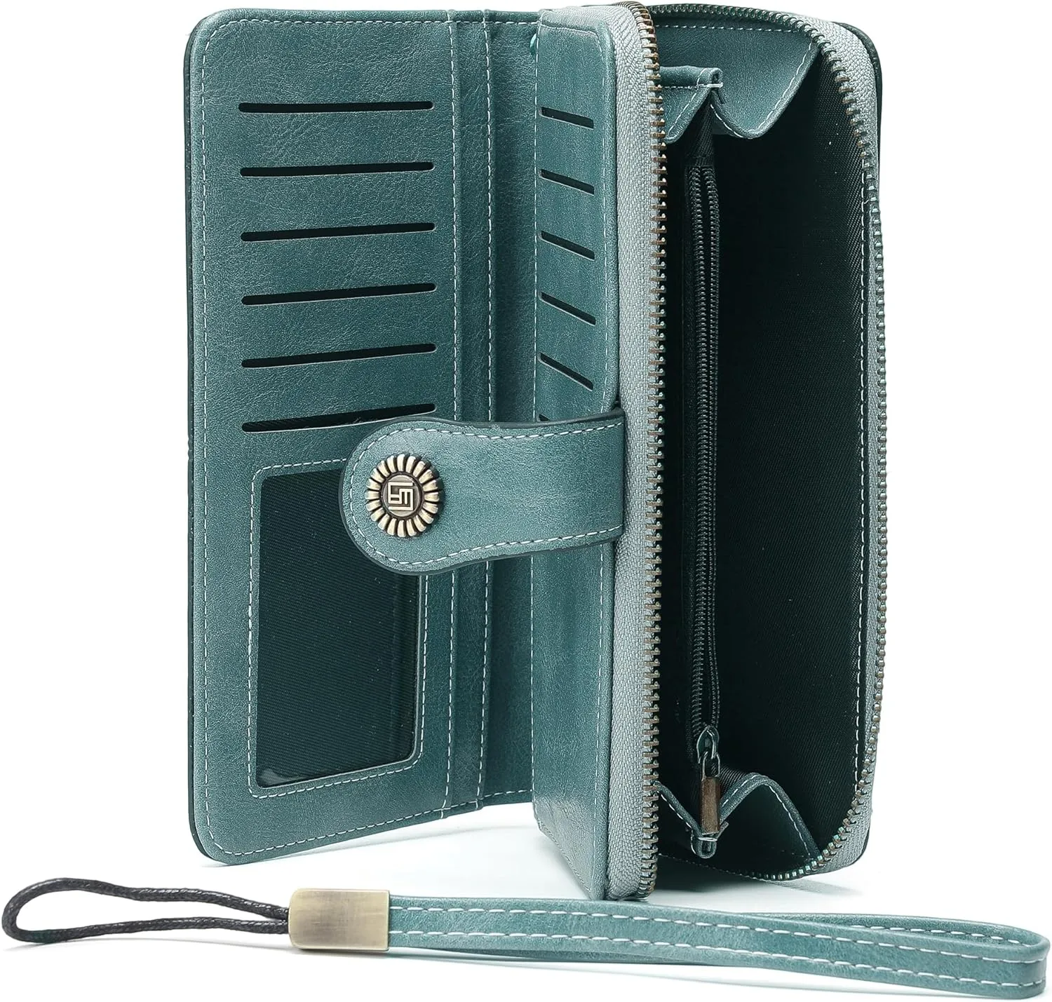 Womens Wallet Leather Large Capacity Card Holder Zipper Wristlet Wallets for Women-blue